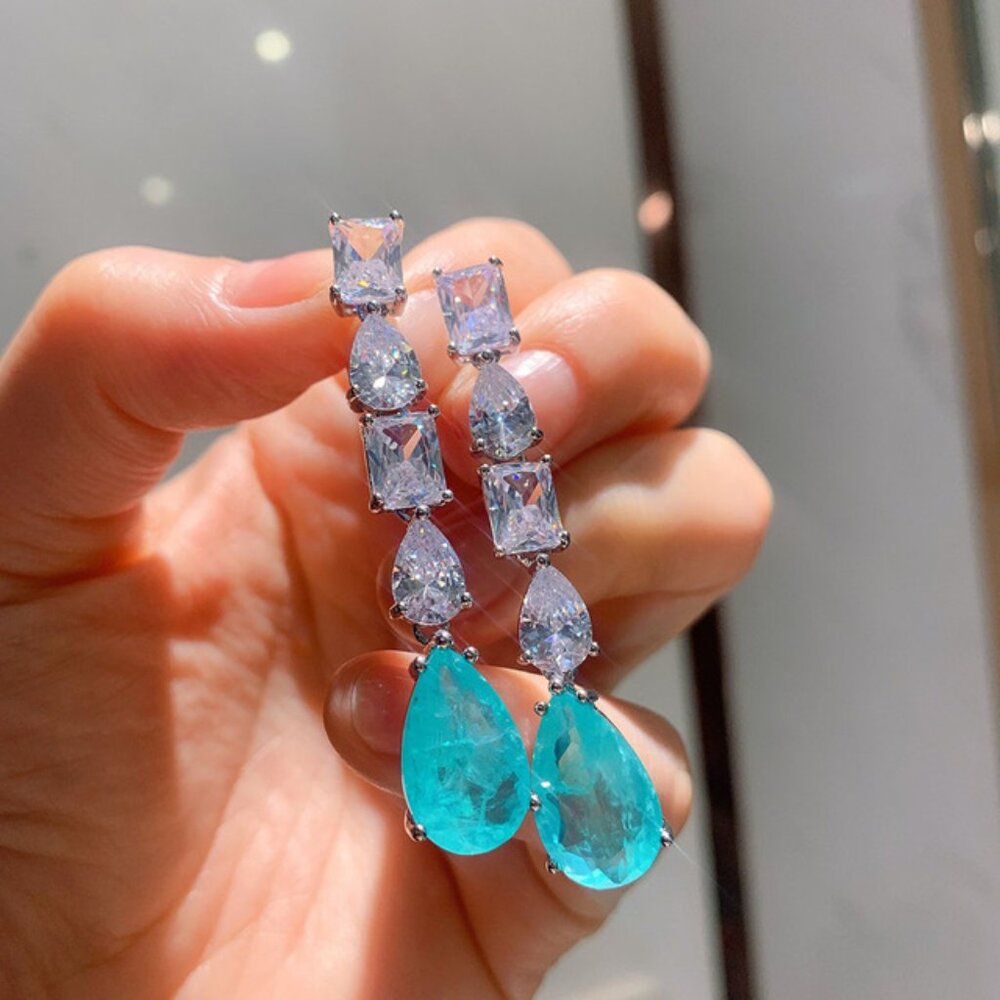 925 Sterling Silver Paraiba Tourmaline Emerald Lab Diamonds Drop Earrings